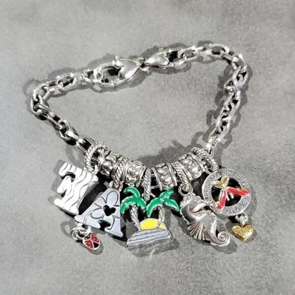 Brighton Charm Bracelet Silver Pl Travel Theme Seahorse Palm Tree Ladybug Heart - Picture 4 of 9